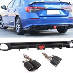 Fits 22-23 Honda Civic EX/Touring/SI Trims Gloss Black Rear Diffuser W/ LED PP