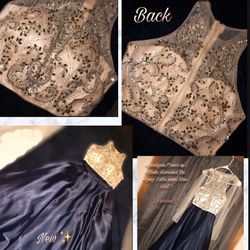 Nude diamond top & long navy blue satin skirt with cover up