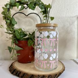 Floral Tulip Glass Cup w/ Lid & Straw – Handmade (1 Available)