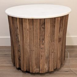White Marble + Wood Round Accent Table 