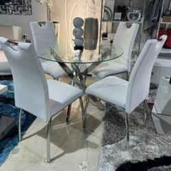Modern Round Table Set Glass Top 4 Chaits White 