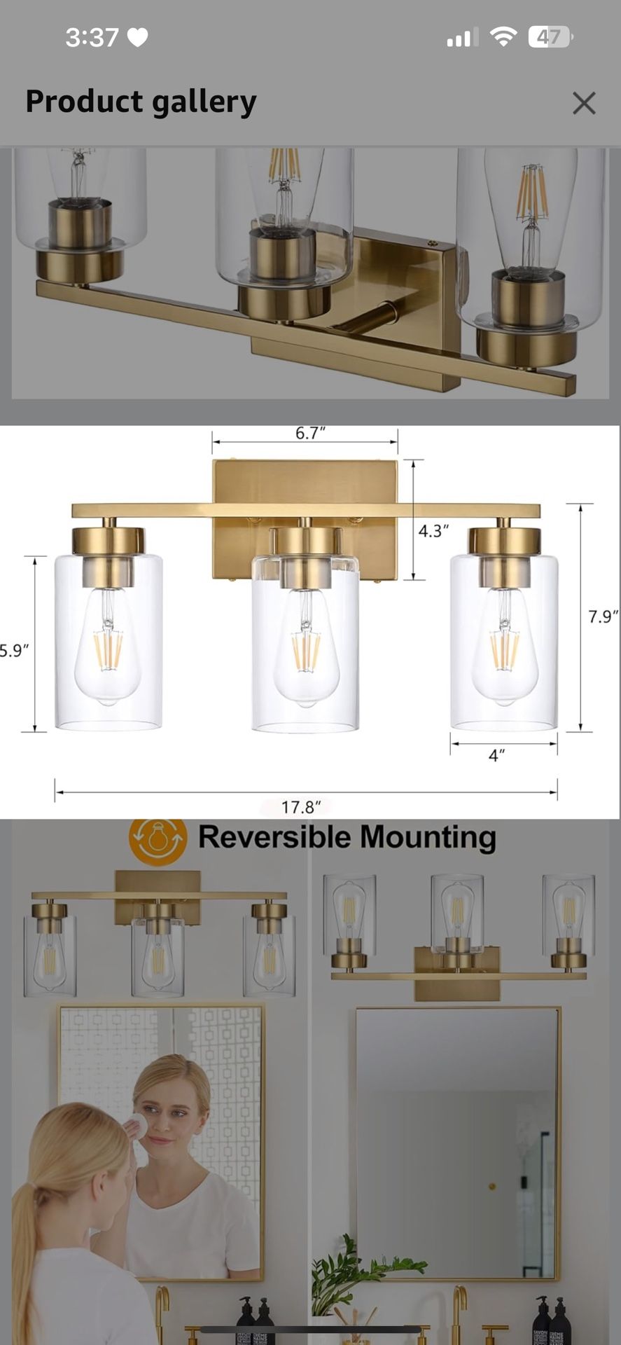 3-Light Bathroom Vanity Light, Modern Brushed Gold Wall Lights with Clear Glass Shades, Bathroom Wall Sconce Lamp for Mirror Living Room Bedroom Hallw
