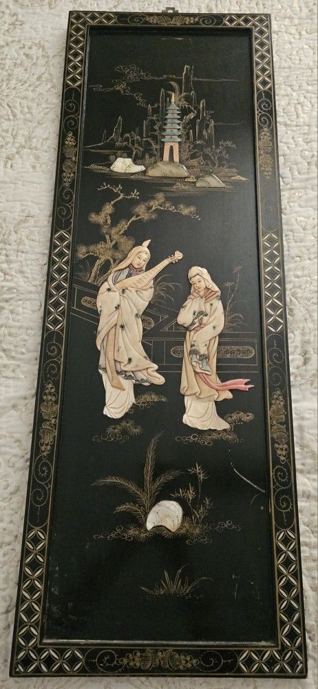 Vintage Asian Scene Sea Shell Wall Art Beautiful