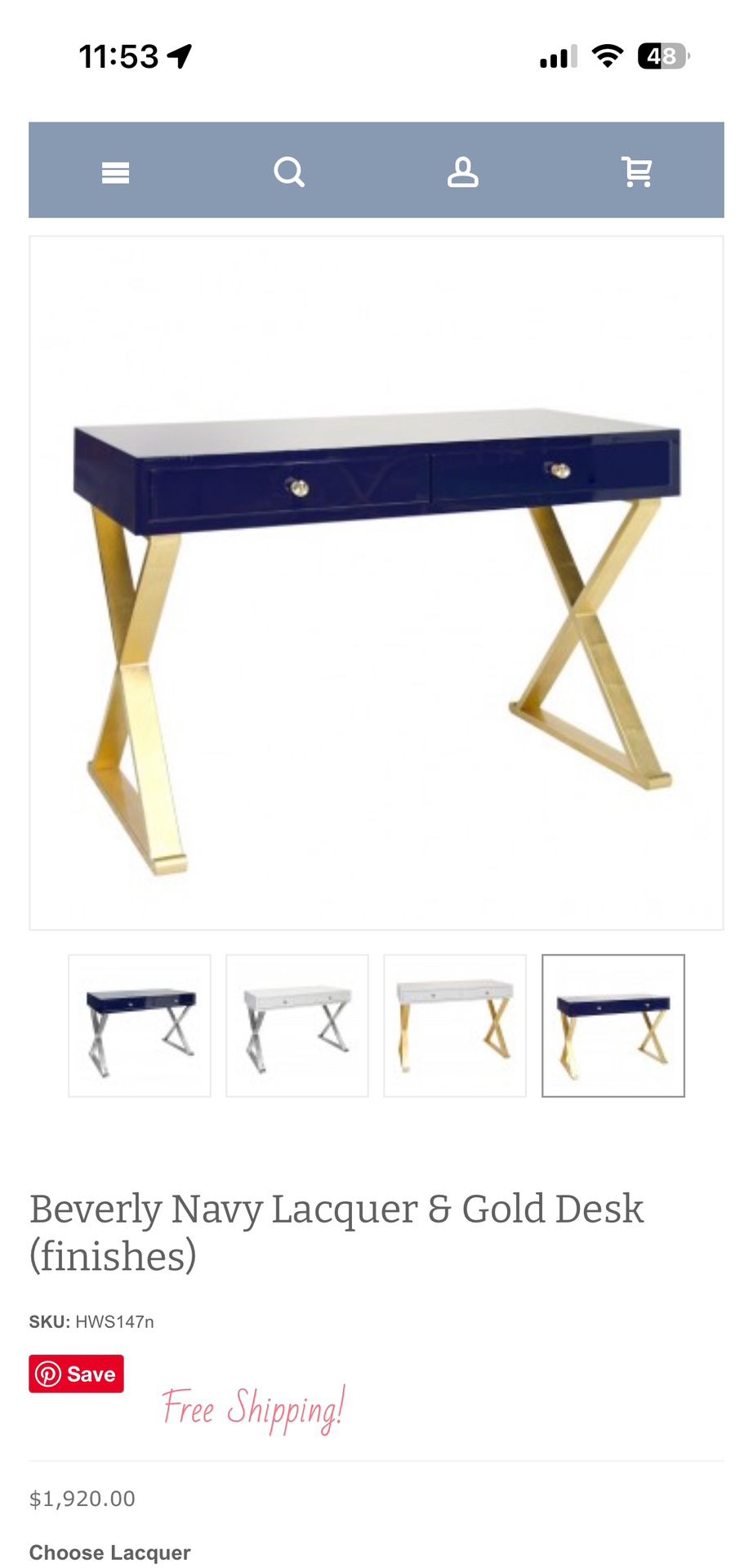 Beverly Navy Lacquer & Gold Desk 