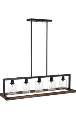 5 Light Rustic Farmhouse Natural Solid Walnut Wood Hanging Kitchen Island Clear Glass Chandelier Light Fixture with Black Metal Frame (E12 Base)