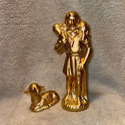 Vtg Golden Stature Of A Man And His Two Sheep
