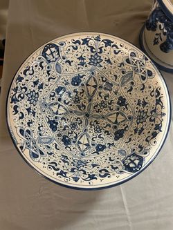 Large Hand-Painted Italian Ceramic Bowl – Blue & White – 14”