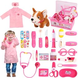 Doctor Kit Toys for Toddlers Ages 2-4 3-5 Girls, Vet Set with Dog Toys for 3 4 5 Year Old Girls Pretend Play, Kids Dentist Doctor Set Dress Up Costume