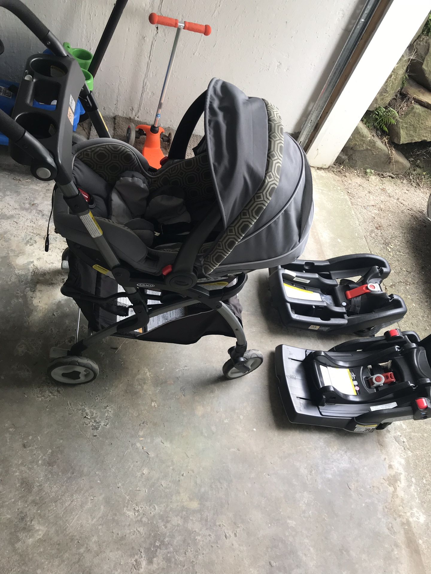 Infant car seat, stroller frame and 2 bases, $75