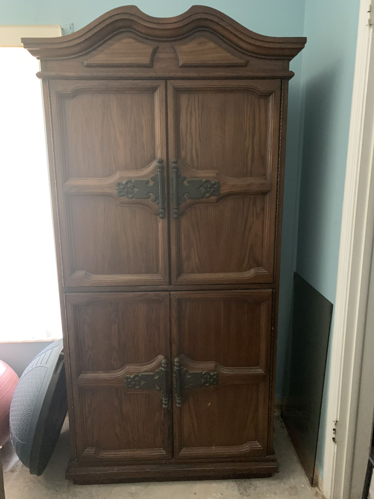 Vintage Wood Armoire Cabinet with Drawers and Shelves