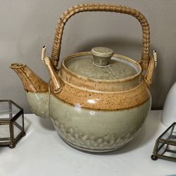 Vintage Green Tan Brown Rattan Otagiri Japanese Ceramic Teapot