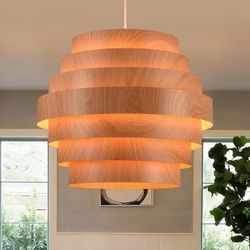 New Farmhouse Drum Chandelier 15.8 Inch, 7-Tier Faux Wood Finish