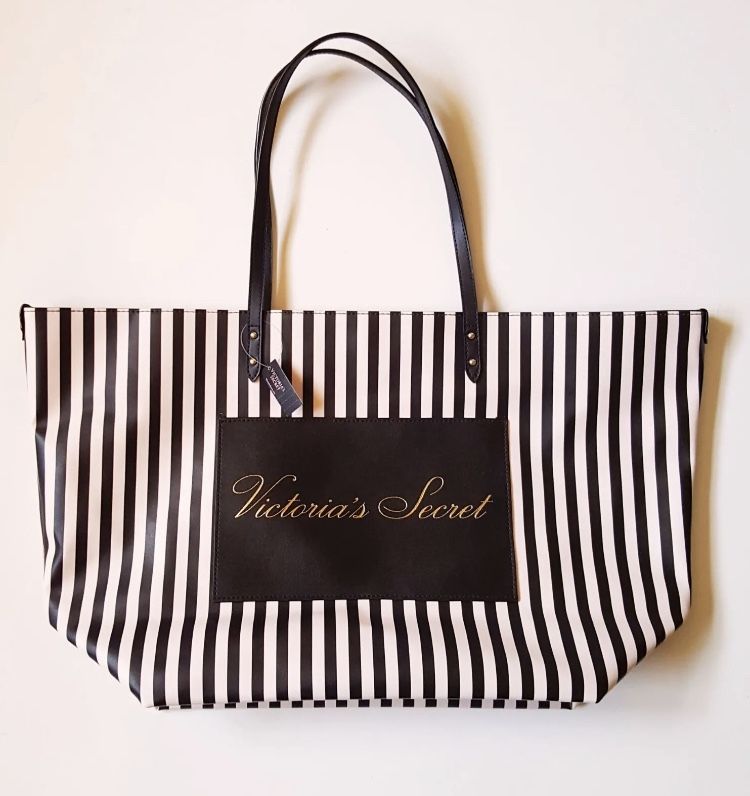 NWT Victoria's Secret X Large Tote Bag Black Stripe Signature Carry All Travel