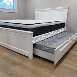 White Queen Bed With Trundle And Mattresses 