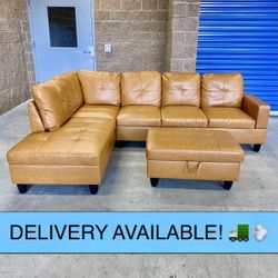 Like New Caramel Leather L Sectional Couch Sofa w/ Storage Ottoman (DELIVERY AVAILABLE! 🚛💨 )