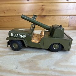 Vintage Military Jeep /w Cannon Tin Toy JAPAN  Friction Car Not Working 