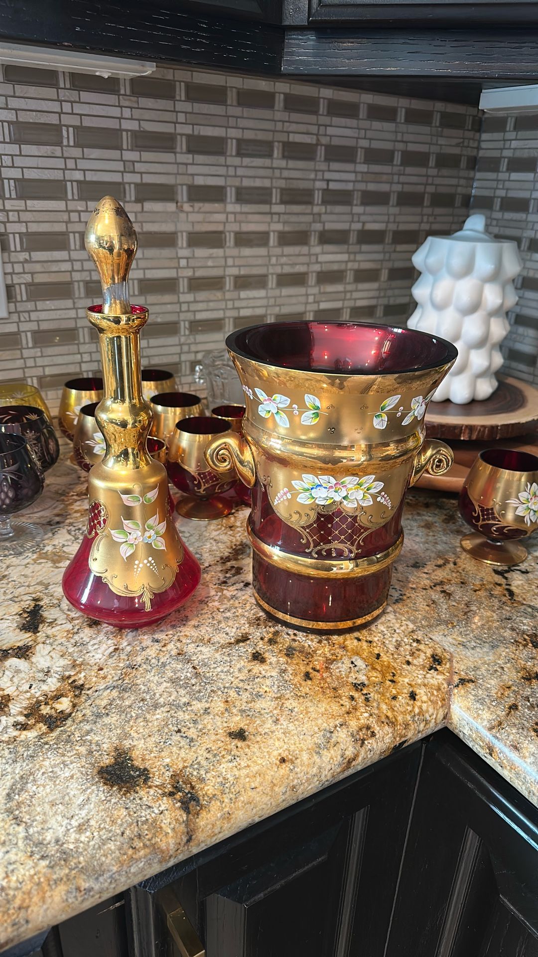 Vintage Rocco Red & Gold Glassware Set – Cognac, Water Cups, Decanter, Ice Bucket