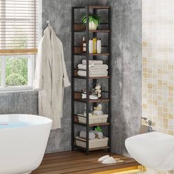 New assembled 6-Tier Corner Shelf, 75 Inch Tall Narrow Bookshelf Storage Rack, Etagere Shelves Display Stand for Small Spaces, Rustic Open Bookcase Sq