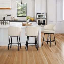 26 in. Beige Linen Fabric Metal Frame Upholstered Counter Height Swivel Bar Stools w/ Curved Low Back (Set of 3)