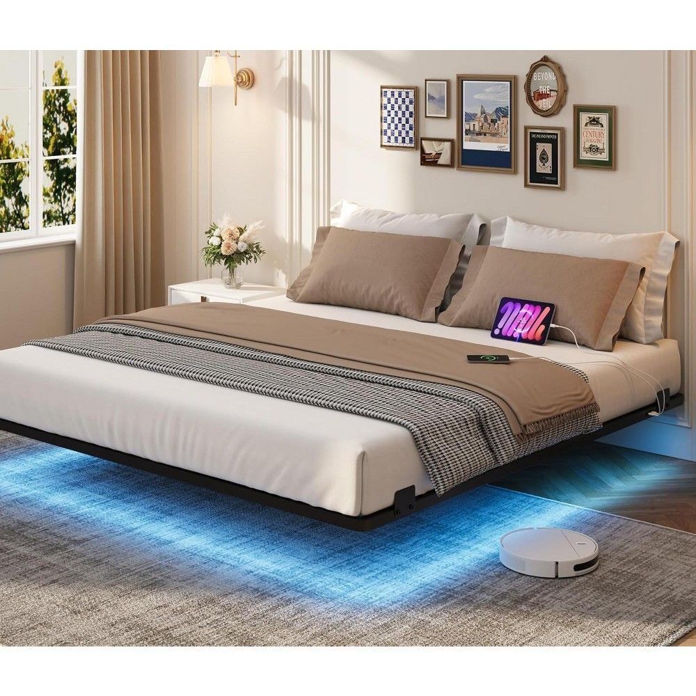 Floating Bed Frame Queen Size You Led Light And Electric Connections