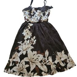 WHBM Ruffled Fit & Flare Dress w/Rope Straps Size 4 Black/White Flowers 