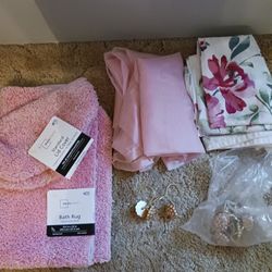 Bathroom Set One New Bathroom One Do Around The Toilet Rug And Two Decorative Used Shower Curtains And They're Hurting Rings That Are Pink With Sling 