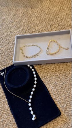 Brand New Fashion Jewelry Set – Faux Pearl Necklace & 2 Gold-Tone Bracelets (No Box)