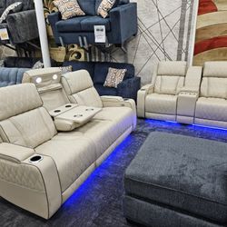 No Credit Needed Beige Leather Electric Recliner Sofa Loveseat