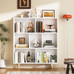 New Cube Bookcases Bookshelves 7 Cube Organizers with Legs 43" Tall Wooden Open Storage Display Bookshelf for Living Room Bedroom Office White  New in