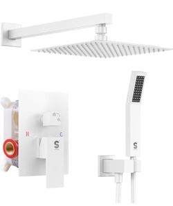 Brand New In The Box- SR SUN RISE White Square Rainfall Shower Head and Handle Set, Wall Mounted Shower Fixtures, Metal Shower Faucet Trim Repair Kits