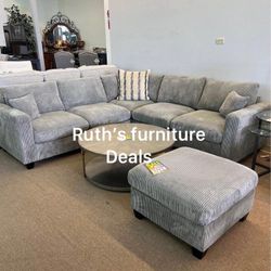 Beautiful 4-Pc Corduroy Sectional Sofa Set With Ottoman 