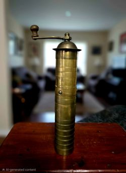 Antique cylindrical brass hand-crank grinder, traditional Turkish Coffee Grinder