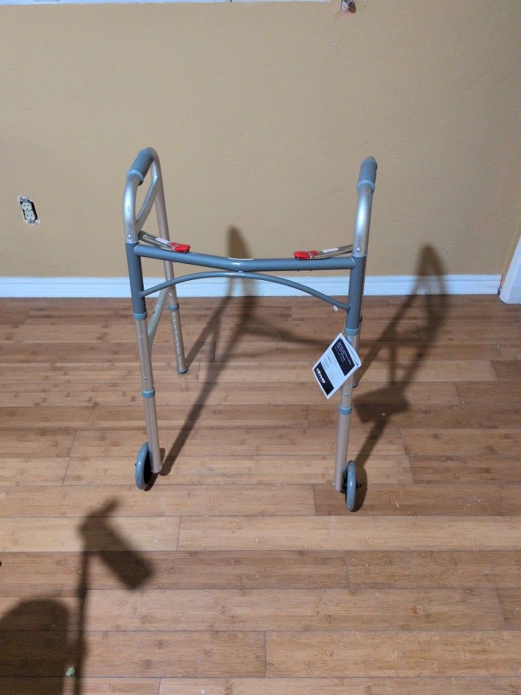 Deluxe Folding Walker Two  Button  With 5-in Wheels