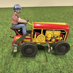 *Vintage Original Tin Lithograph Courtland Toy Mechanical Wind-Up Tractor - “1950’s”