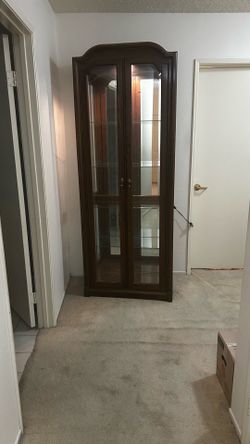 Vintage Walnut Curio Cabinet • Lighted • Mirror Back • Beveled Glass