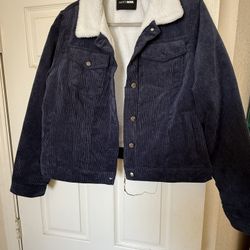Women’s Jacket- Blue Corduroy And Faux Fur Lining