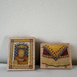 Stampington & Company Wood Rubber Stamps Set “Honey Bear” & “Tea Table” 3x3.5 in