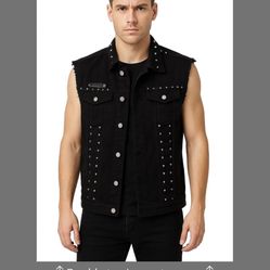 Lazutom Men's Punk Denim Vest Sleeveless Lapel Jean Jackets Waistcoat With Rivets (M, Black)
