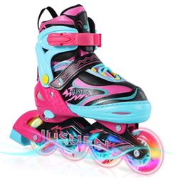 Jusuen Inline Skates with Light Up Wheels Pink Blue Black Sz 2-5