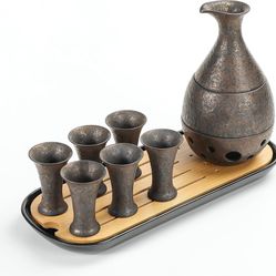 10 PCS Sake Warmer Set, Sake Cups (0.9 Oz) with Bamboo Tray, Saki Cup Set with Warmer Pot (6 Oz)
