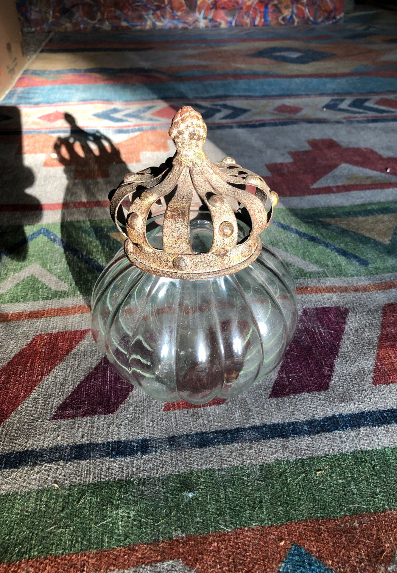 Vintage apothecary jar with crown lid, change jar, candle holder, hair ties $7