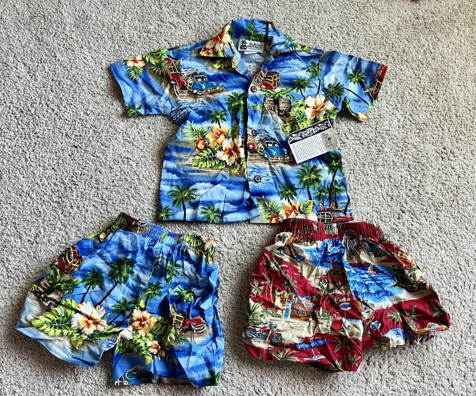 Aloha Republic baby boy bundle brand new shirt and two shorts, size 1T