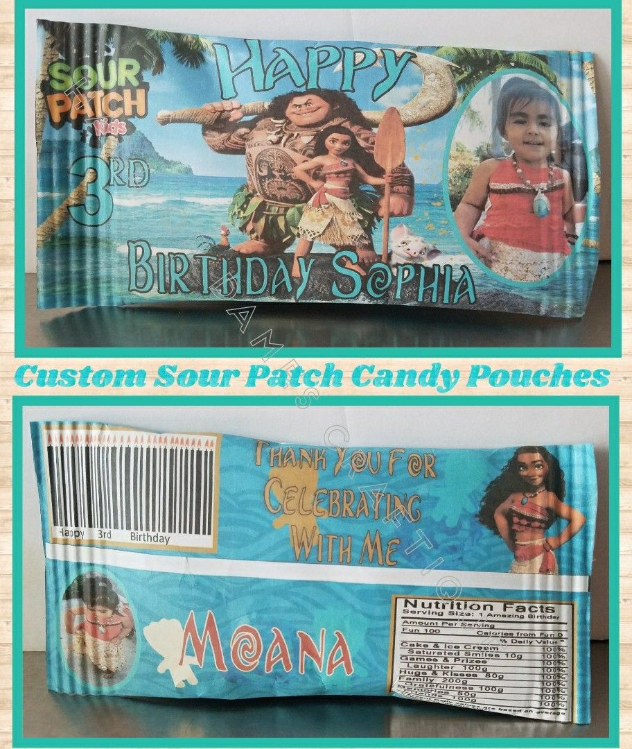 Moana themed treat bags, party favors, decorations filled with sour patch pouches