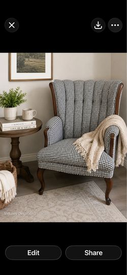 Classic Wingback accent chair, featuring newly upholstered black and white houndstooth