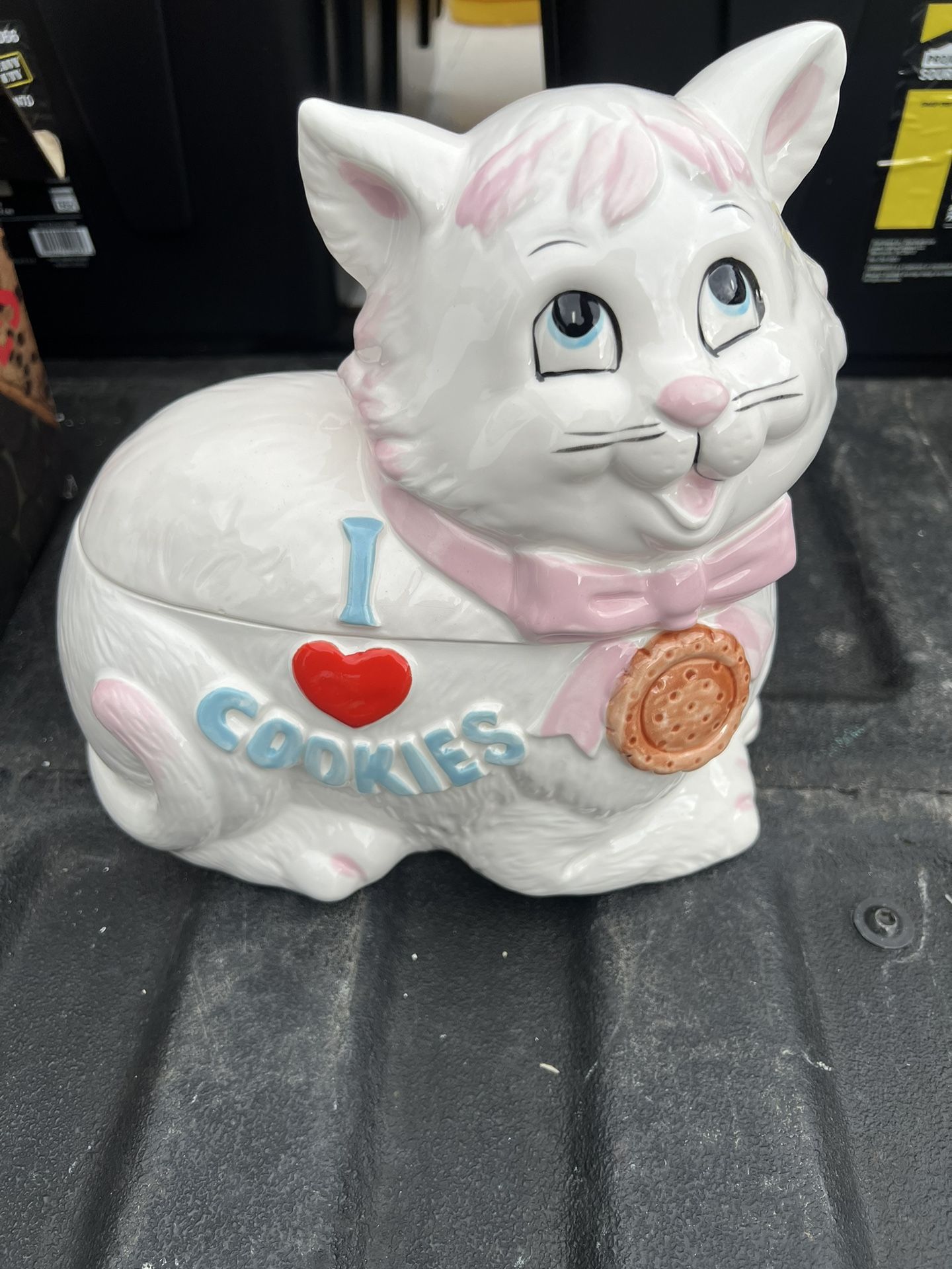 Vintage I Love Cookies Ceramic Cat Cookie Jar. New In Box 