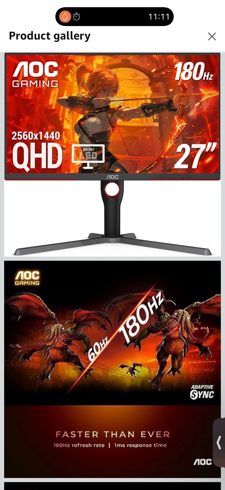 AOC Q27G3XMN 27" QHD Gaming Monitor, 2560x1440, Mini LED, 180Hz 1ms GtG, HDR 1000, sRGB137.5%, HDMI 2.0 x 1, DisplayPort 1.4 x1, Adaptive Sync, 3-Year