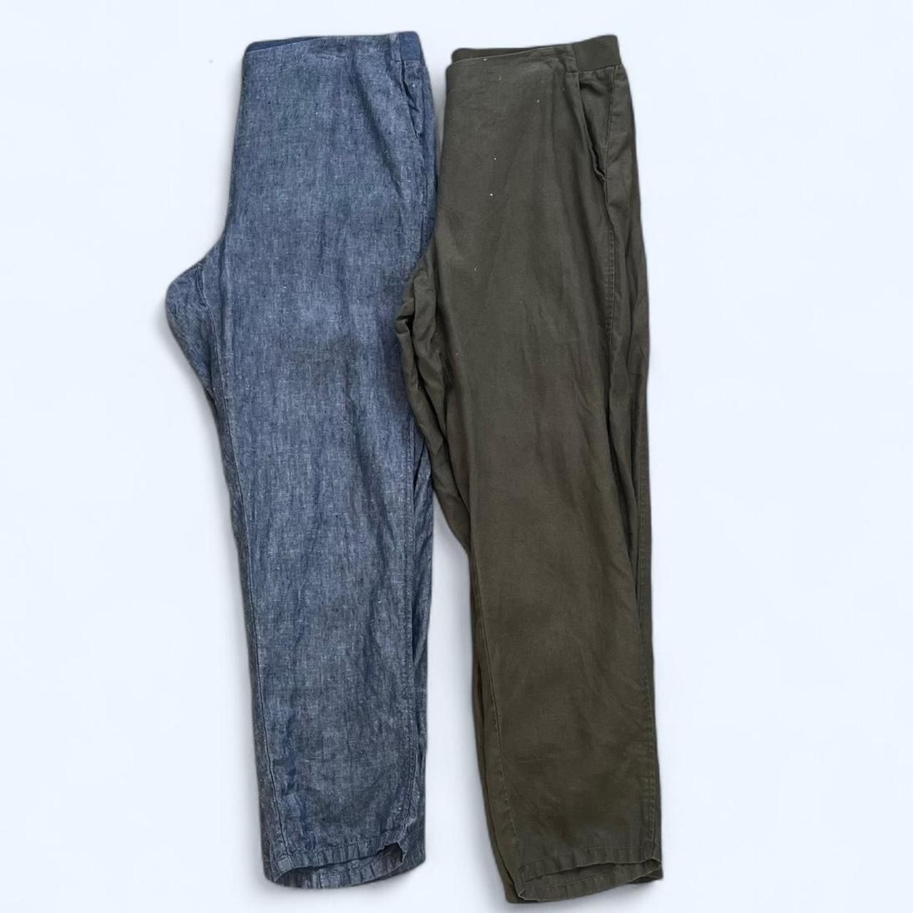 2 J.Jill Women’s Medium Blue Dark Green 100% Linen Relaxed Straight Leg Casual Pants