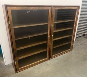 Vintage Mid Century Solid Wood Glass Door Display Case / Wall Cabinet with Key Lock
