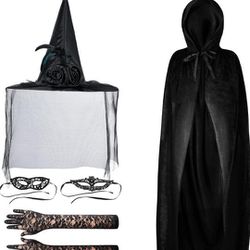 NEW! 6 piece Adult Halloween Witch Costume Set: Hat, Lace Gloves, 2 Lace Eye Masks, Hooded Cloak, Black