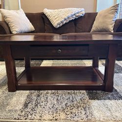 MOVING SALE! Ashley’s $400 Dark Wood Coffee Table w/ Drawer & Shelf
